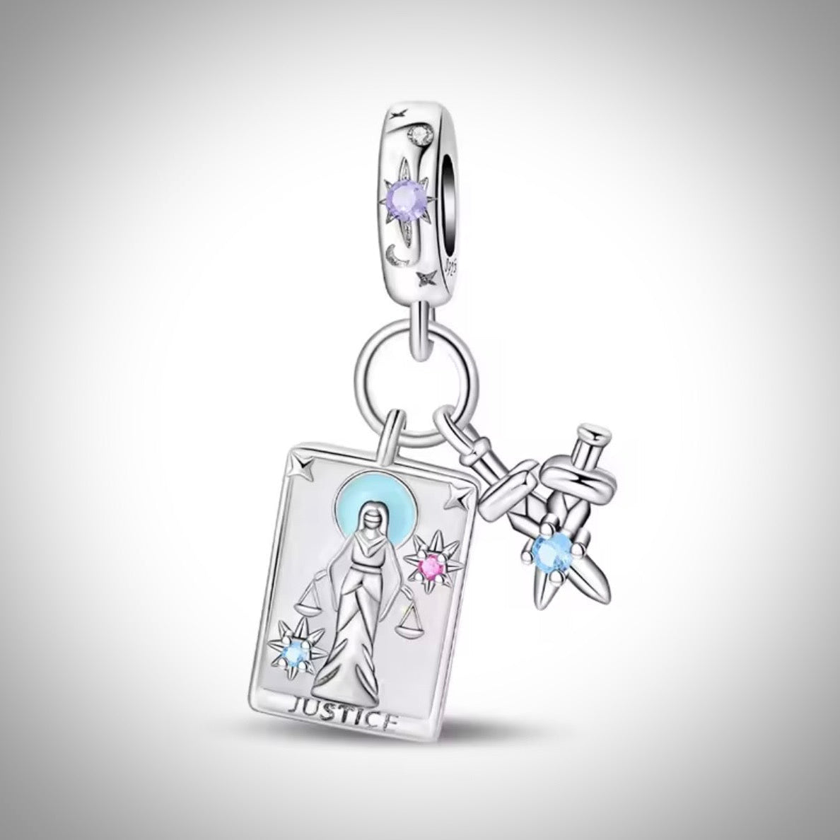 Charm carte de tarot divinatoire Justice en Argent S925 compatible Pandora pour bracelet