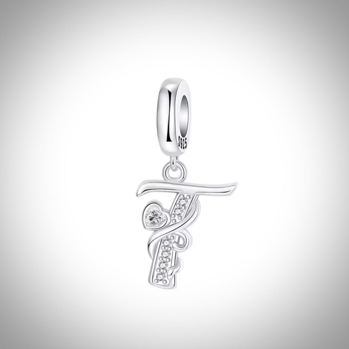 Charm alphabet initiale lettre T en Argent S925 compatible Pandora pour bracelet
