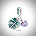 Charm feuille tropical et cœur violet en Argent S925 compatible Pandora pour bracelet