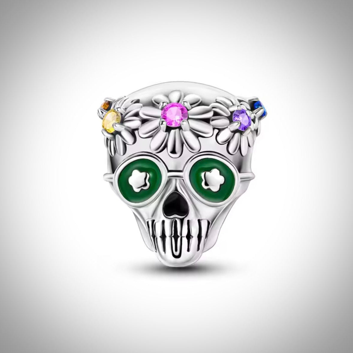 Charm tête de mort crâne lunette et couronne de fleurs en Argent S925 compatible Pandora pour bracelet