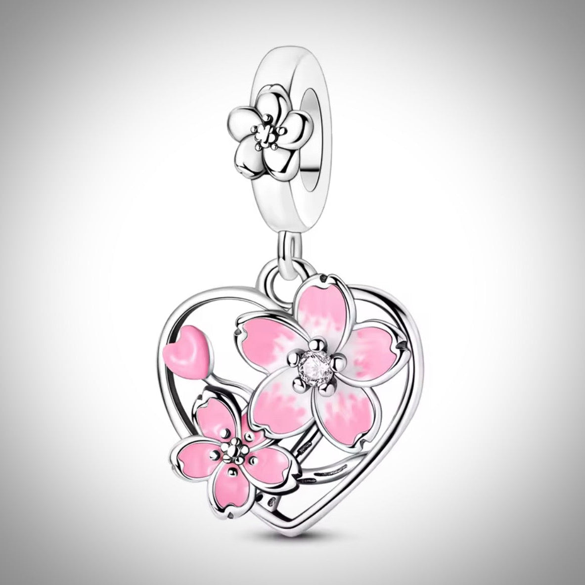 Charm cœur avec fleurs de cerisier du Japon en Argent S925 compatible Pandora pour bracelet
