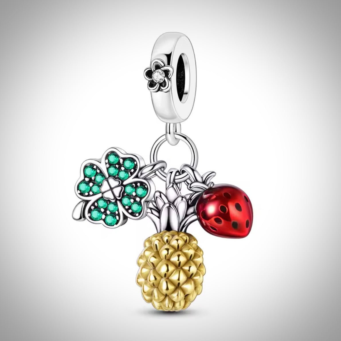 Charm fruits pastèque fraise et trèfle à quatre feuilles en Argent S925 compatible Pandora pour bracelet