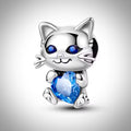 Charm animal chat avec cœur bleu en Argent S925 compatible Pandora pour bracelet