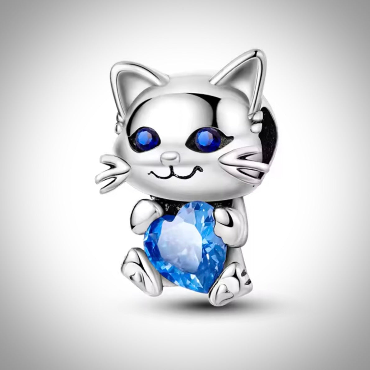Charm animal chat avec cœur bleu en Argent S925 compatible Pandora pour bracelet