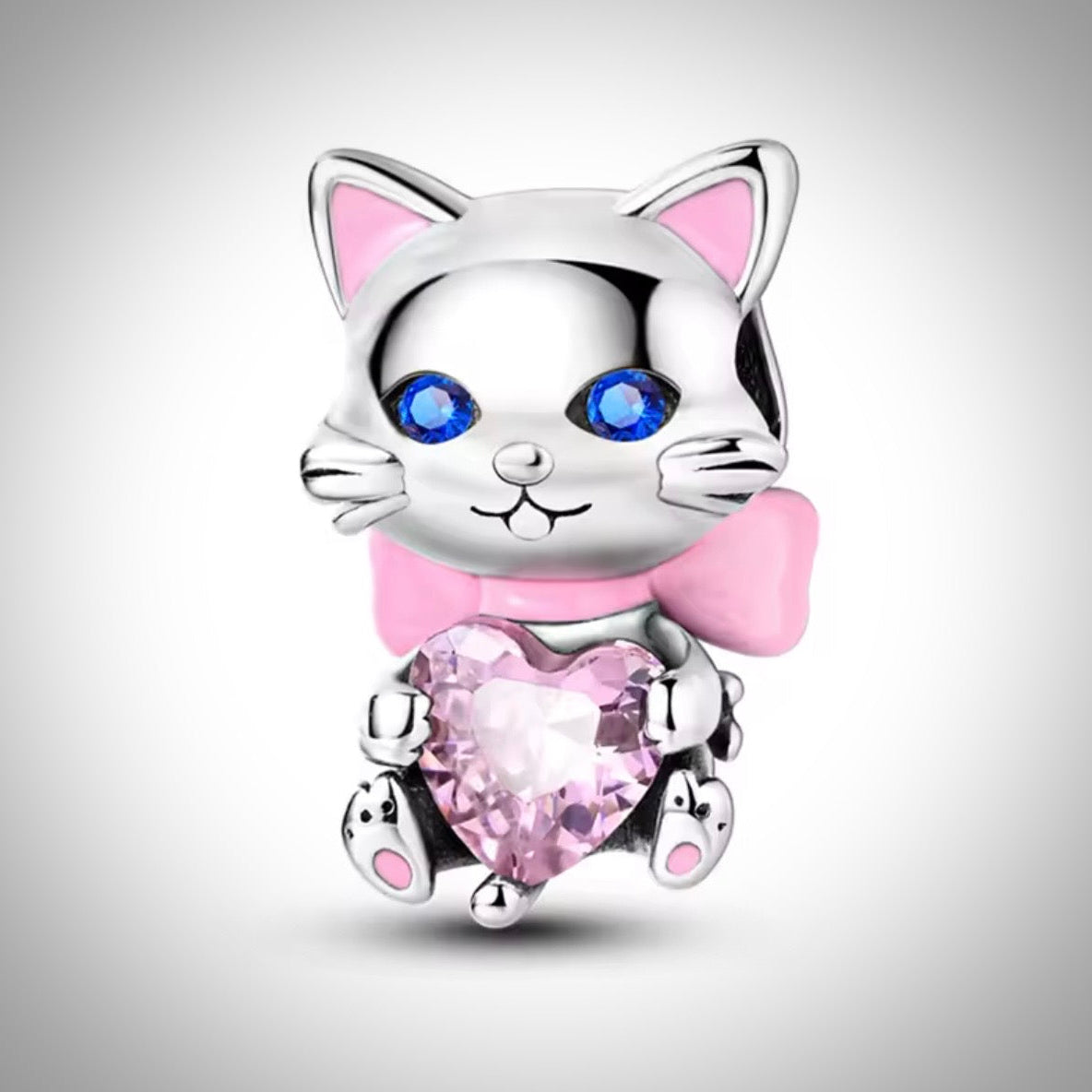 Charm animal chat cœur rose en Argent S925 compatible Pandora pour bracelet