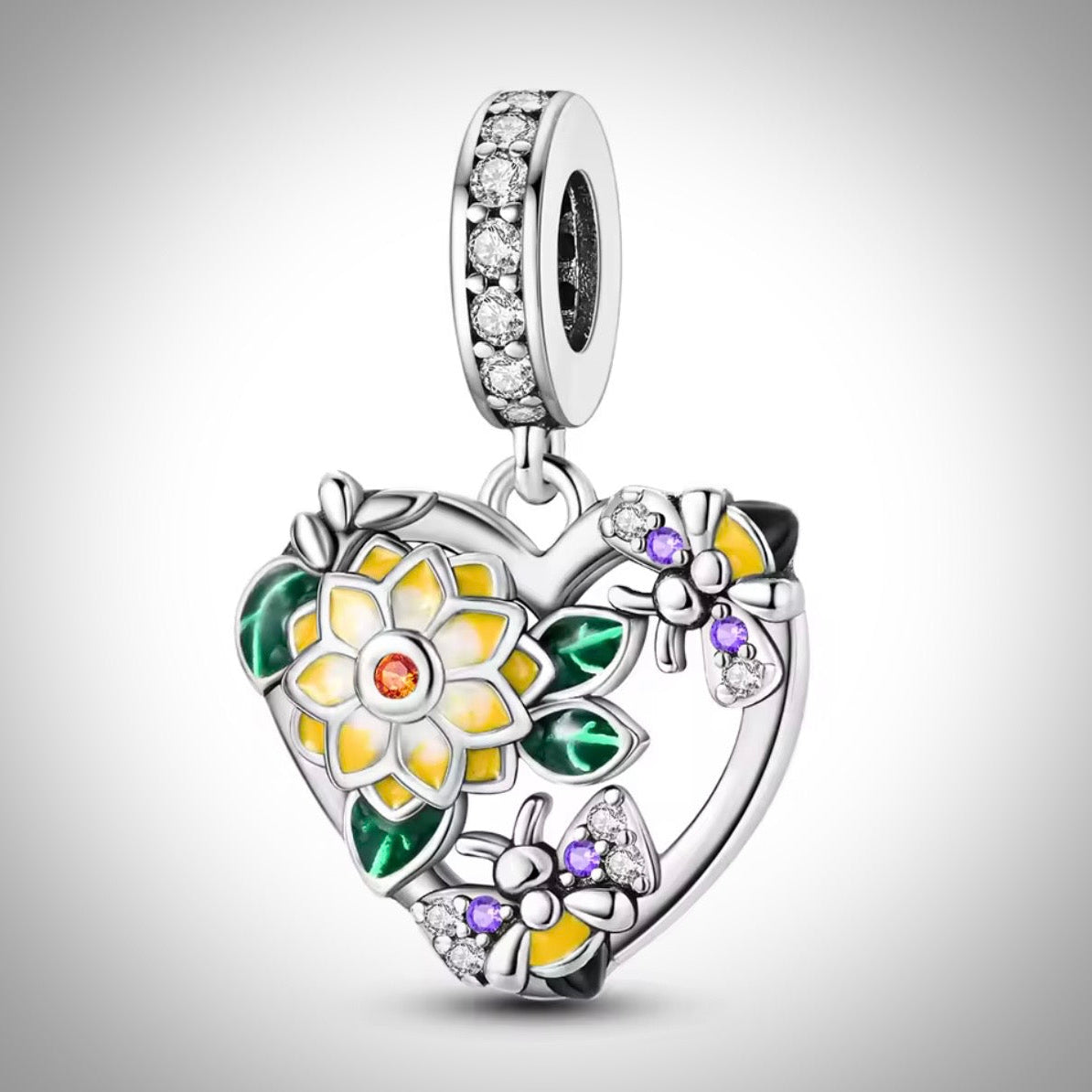 Charm cœur fleurs et insectes en Argent S925 compatible Pandora pour bracelet