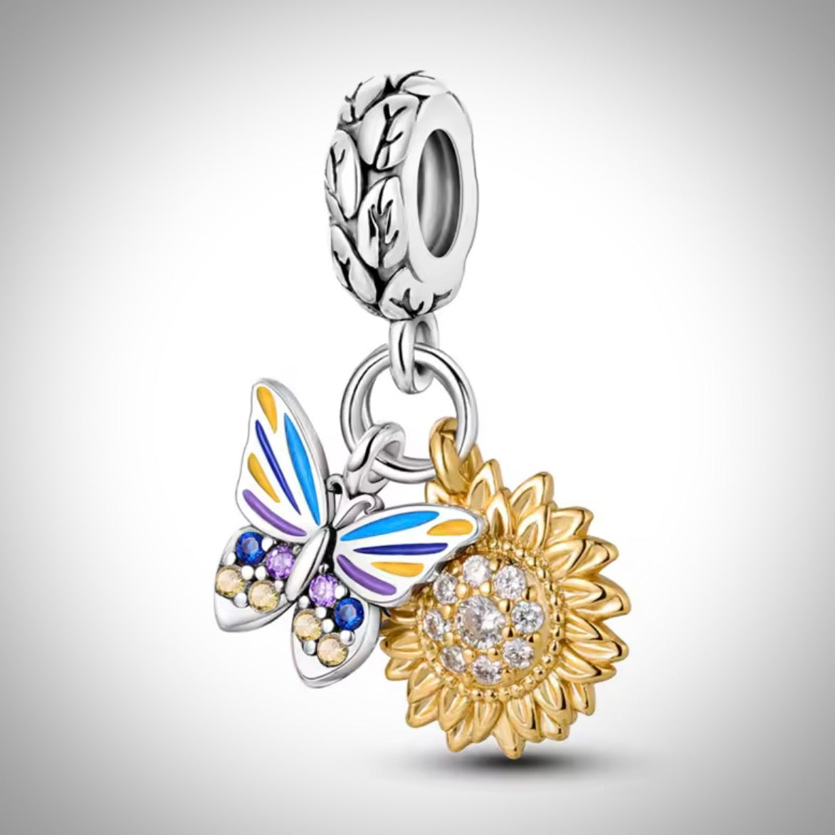Charm papillon et fleur tournesol en Argent S925 compatible Pandora pour bracelet
