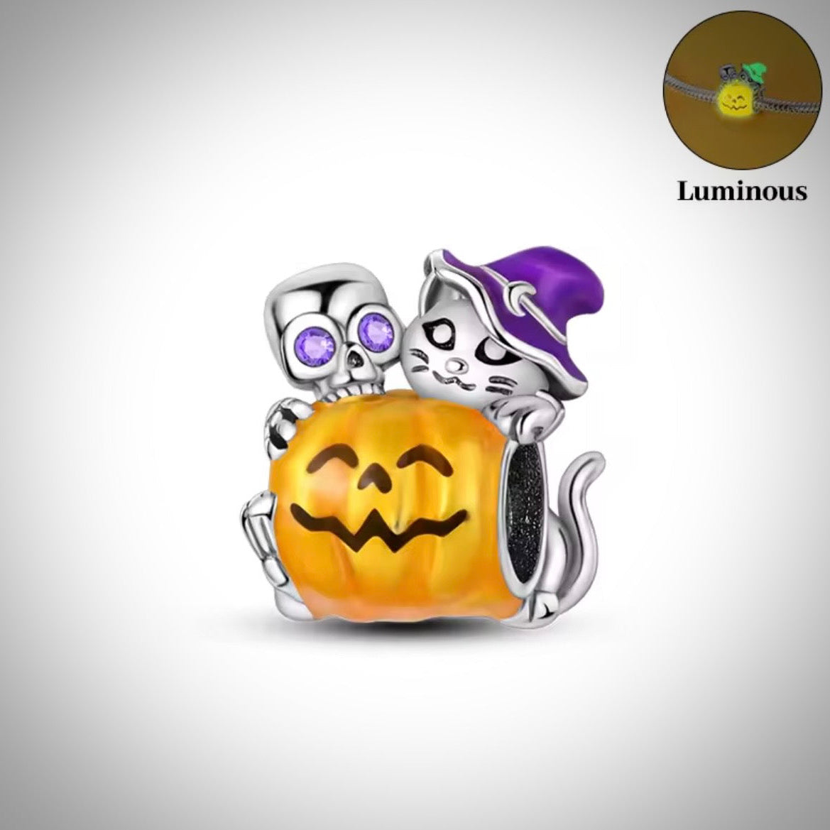 Charm Halloween squelette et petit chat Argent S925 Compatible Pandora pour bracelet