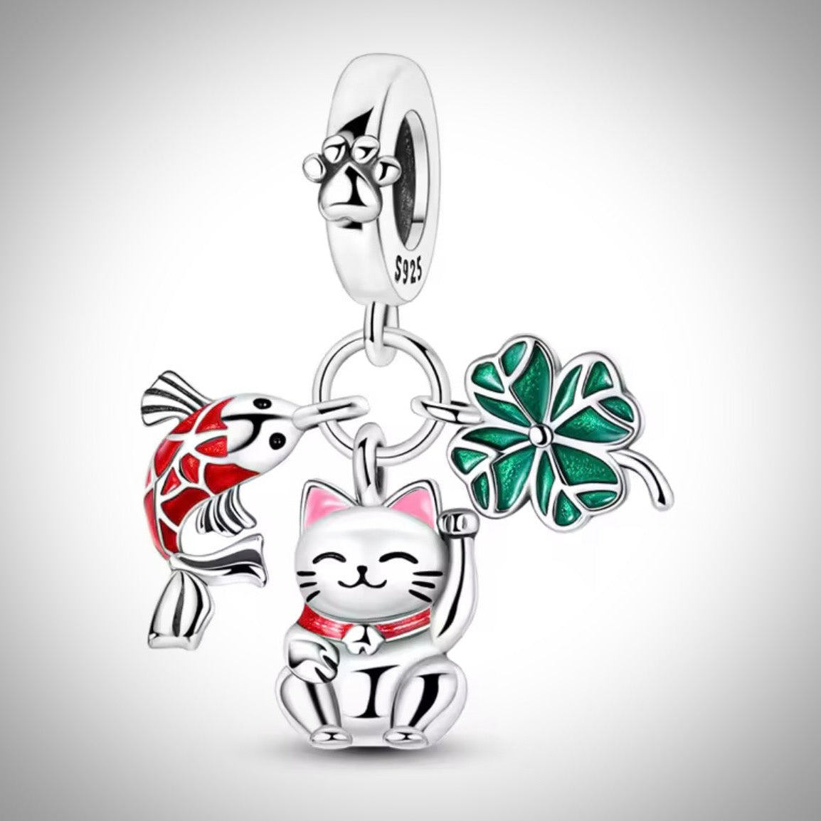 Charm animal chat poisson et trèfle  en Argent S925 compatible Pandora pour bracelet